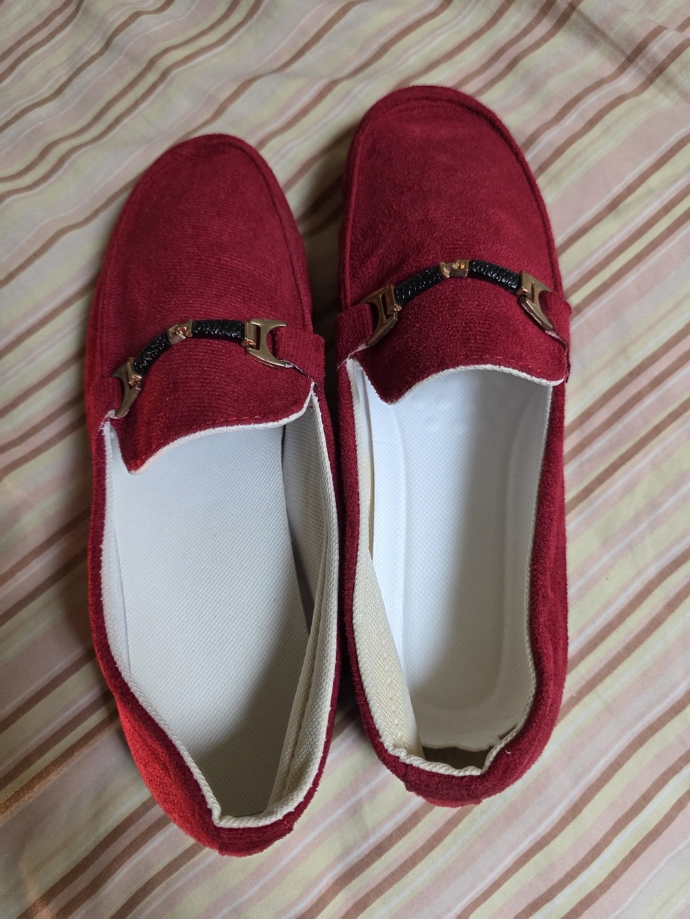 Others Follow Red Suede Loafers with Metal Bit Accent